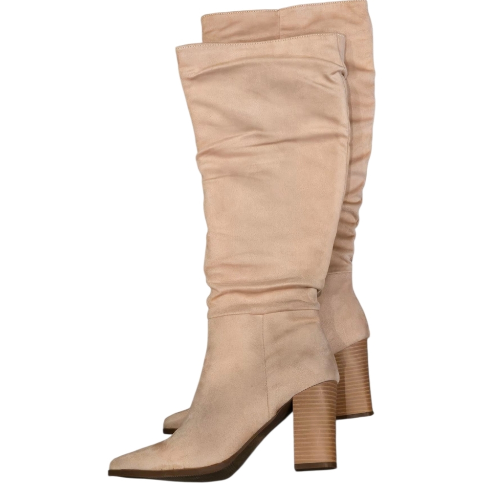 😁Womens Faux Suede Blush Nude Knee High Boots Pointed Toe High Chunky Heel Sz 8